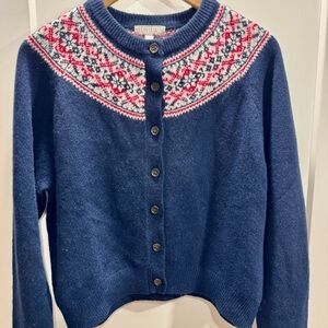 J. Crew Navy and Red Fair Isle Cardigan